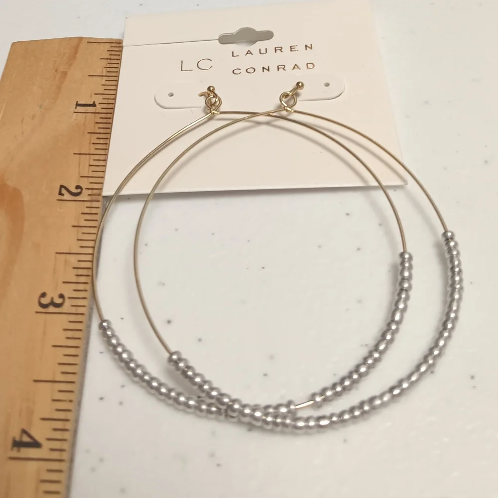 LAUREN CONRAD GOLDTONE LARGE BEADED HOOPS - Picture 3 of 5